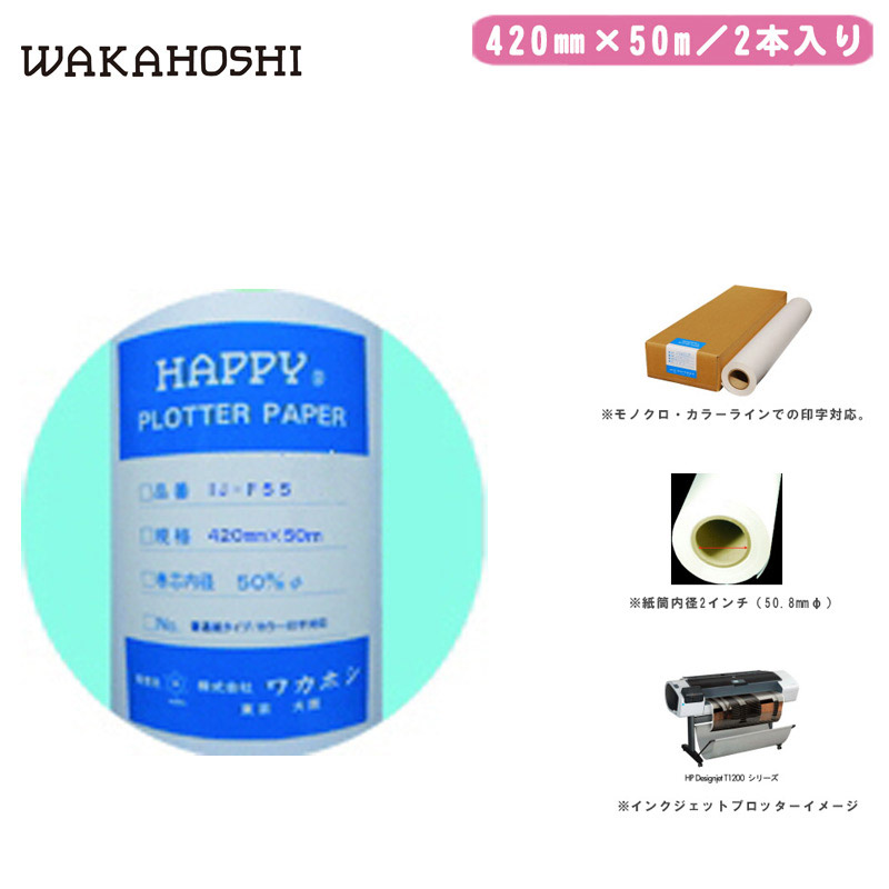 ワカホシ インクジェット プロッター用紙 IJ-F55 420mm×50m 2本入【モノクロ・カラーライン印字対応 普通紙タイプ 製図用品】