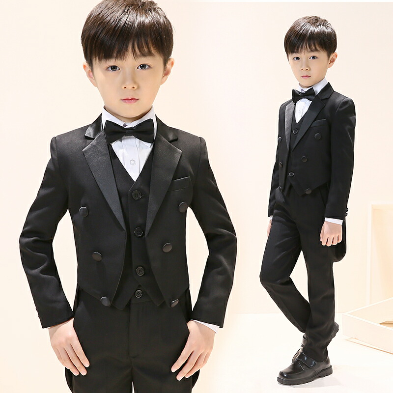 【先着50枚！13％OFFクーポン】子供スーツ　男の子 キッズ ベビー フォーマル 黒 子供タキシード 燕尾服 4点セット ベスト キッズスーツ ベビーフォーマルスーツ 　長ズボン パンツ100 110 120 130 140 150 160結婚式 発表会 七五三 入園式入学式