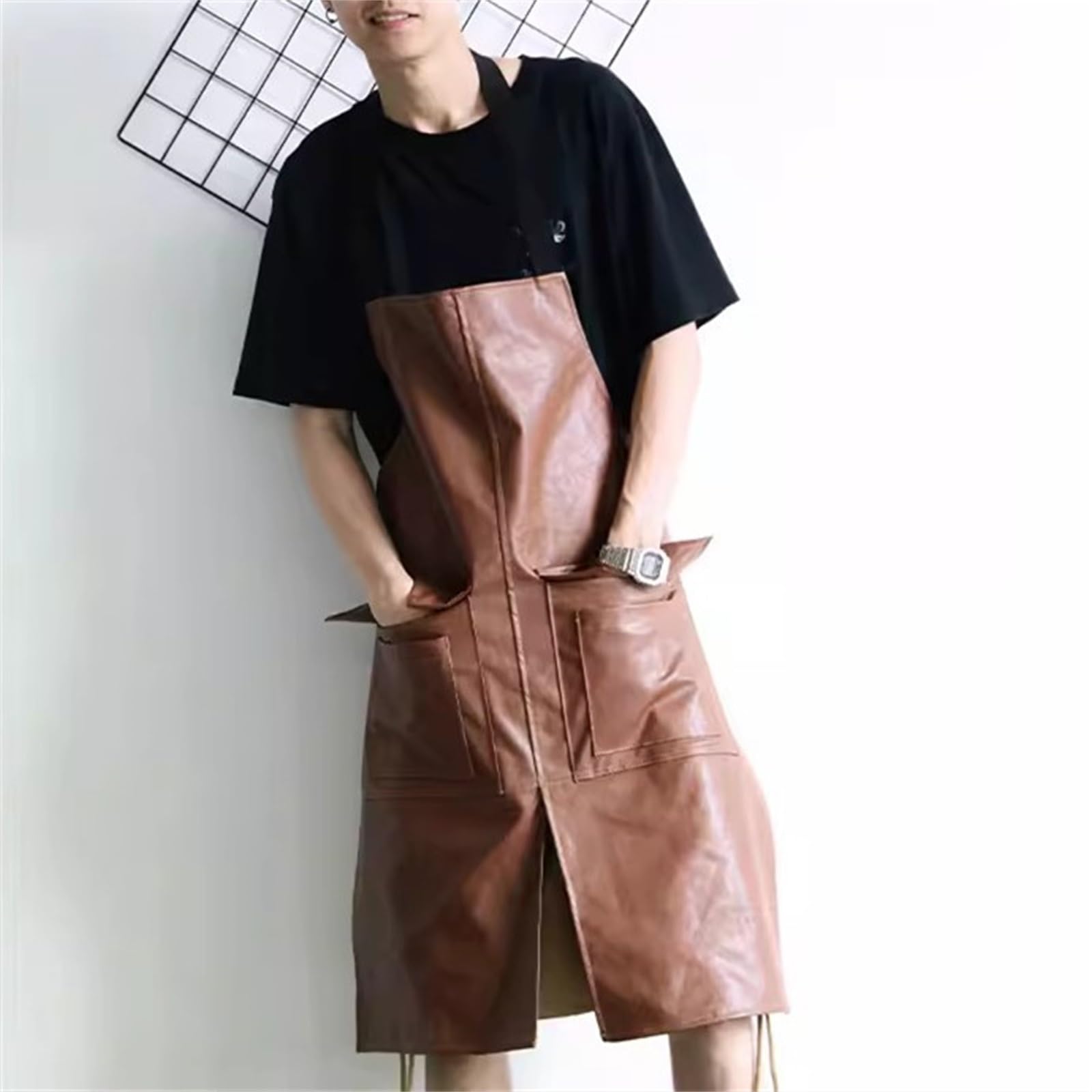 【先着50枚！13％OFFクーポン】メンズエプロン 作業用 職人 男女兼用 (色 : 褐色, Size : One size) PUレザーエプロンキッチンケータリングウェイター理髪パーマ作業 5,780円