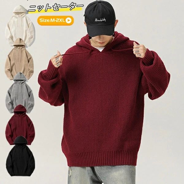 【先着50枚！13％OFFクーポン】セーター メンズ ニットセーター 防寒 秋物 冬服 秋冬用 シンプル デザイン 暖かい 無地 編み 長袖 フード付き メンズ トップス