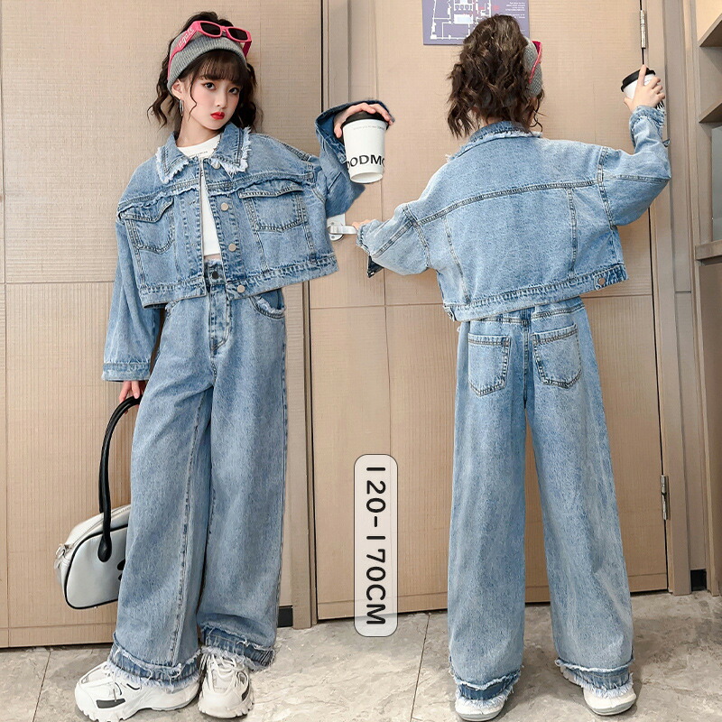【先着50枚！13％OFFクーポン】女の子 ガールズ 小学生 2点セット 子供服 セットアップ デニムジャケット デニムパンツ 長袖 春 秋 シンプル ファッション 上品 普段着 通園 通学 受験 可愛い アウトドア ブルー 120 130 140 150 160 170 ダンス衣装 キッズ 上下セット