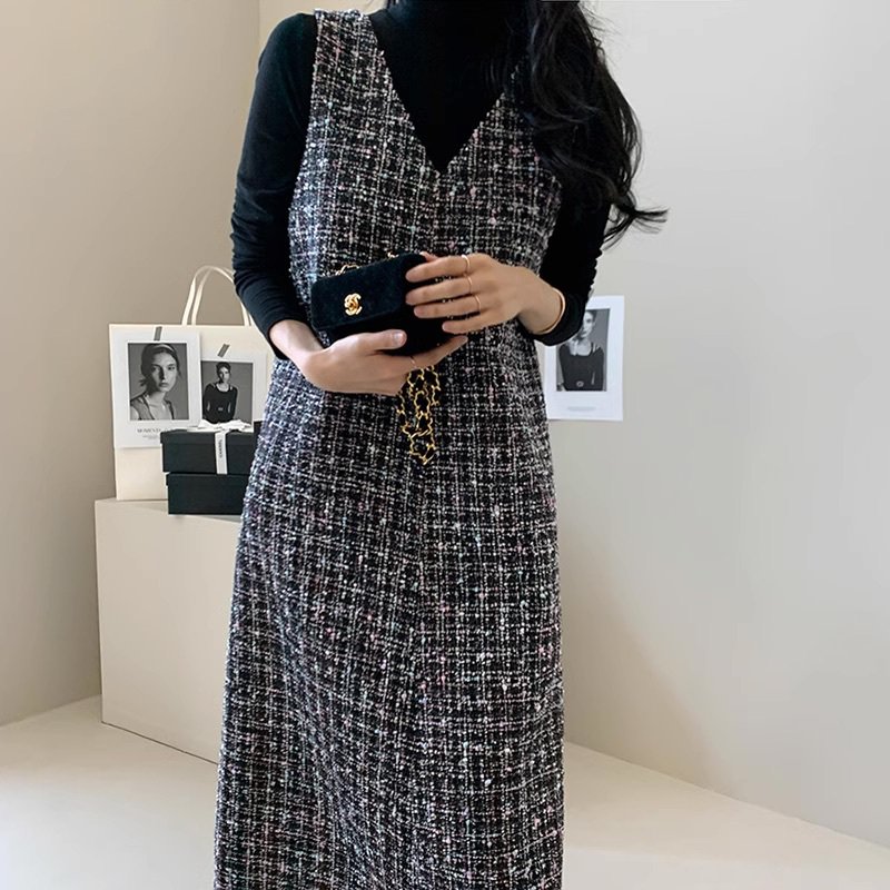 ワンピース レディース フレア ロング 袖なし ノースリーブ Vネック Aライン フェミニン コンサバ ツイード かわいい 大人可愛い 上品 おしゃれ レトロ こなれ感 ガーリー エレガント モダン 抜け感 ラブリー キュート ロマンティック ナチュラル チェック 格子柄 秋 冬|タビマート