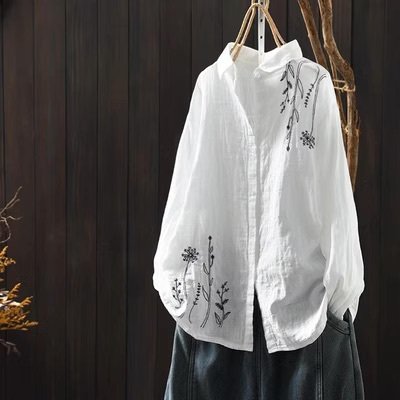 トップス シャツ ブラウス レディース 長袖 Vネック 襟付き 角襟 ストリート 刺繍 前開き リネン 綿 コットン 麻 かわいい 大人可愛い カジュアル おしゃれ かっこいい レトロ アジアン エスニック こなれ感 ラフ ルーズ プレッピー ナチュラル 花柄 フラワー ボタニカル 春