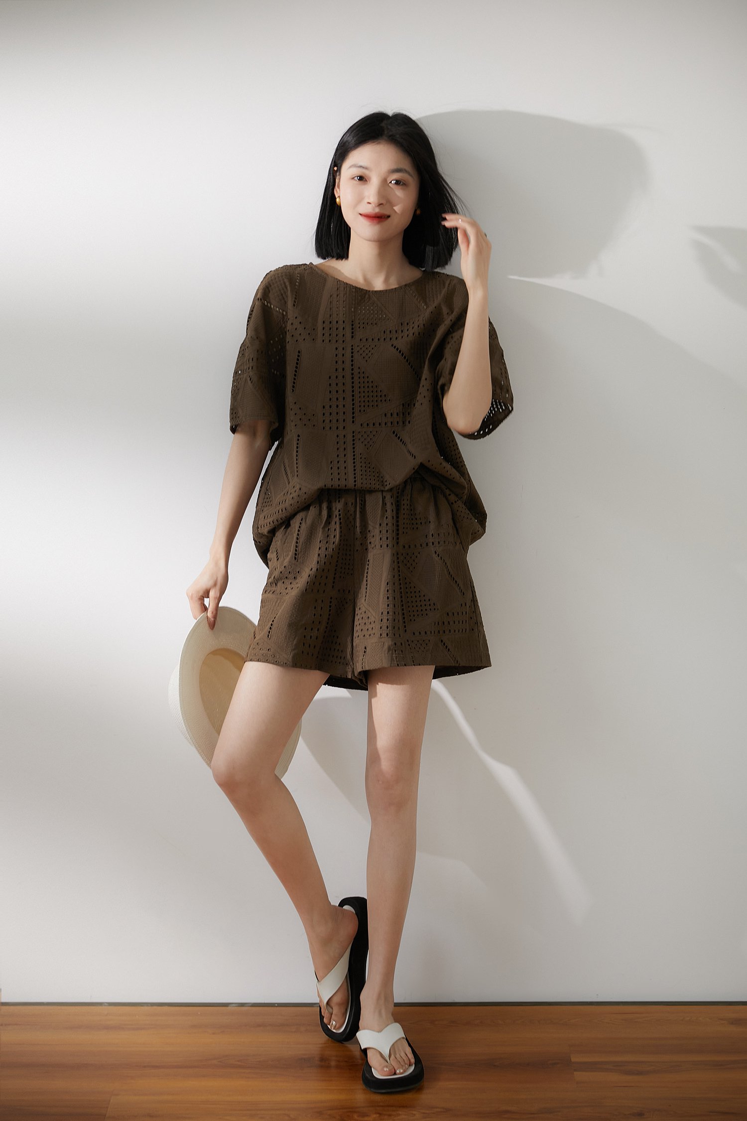 レディース スーツ ショート 半袖 ラウンドネック セパレート 編み上げ 綿 きれいめ シンプル 上品 おしゃれ かっこいい ラフ 個性的 デート 旅行 海 楽ちん 着回し ブラウン|タビマート