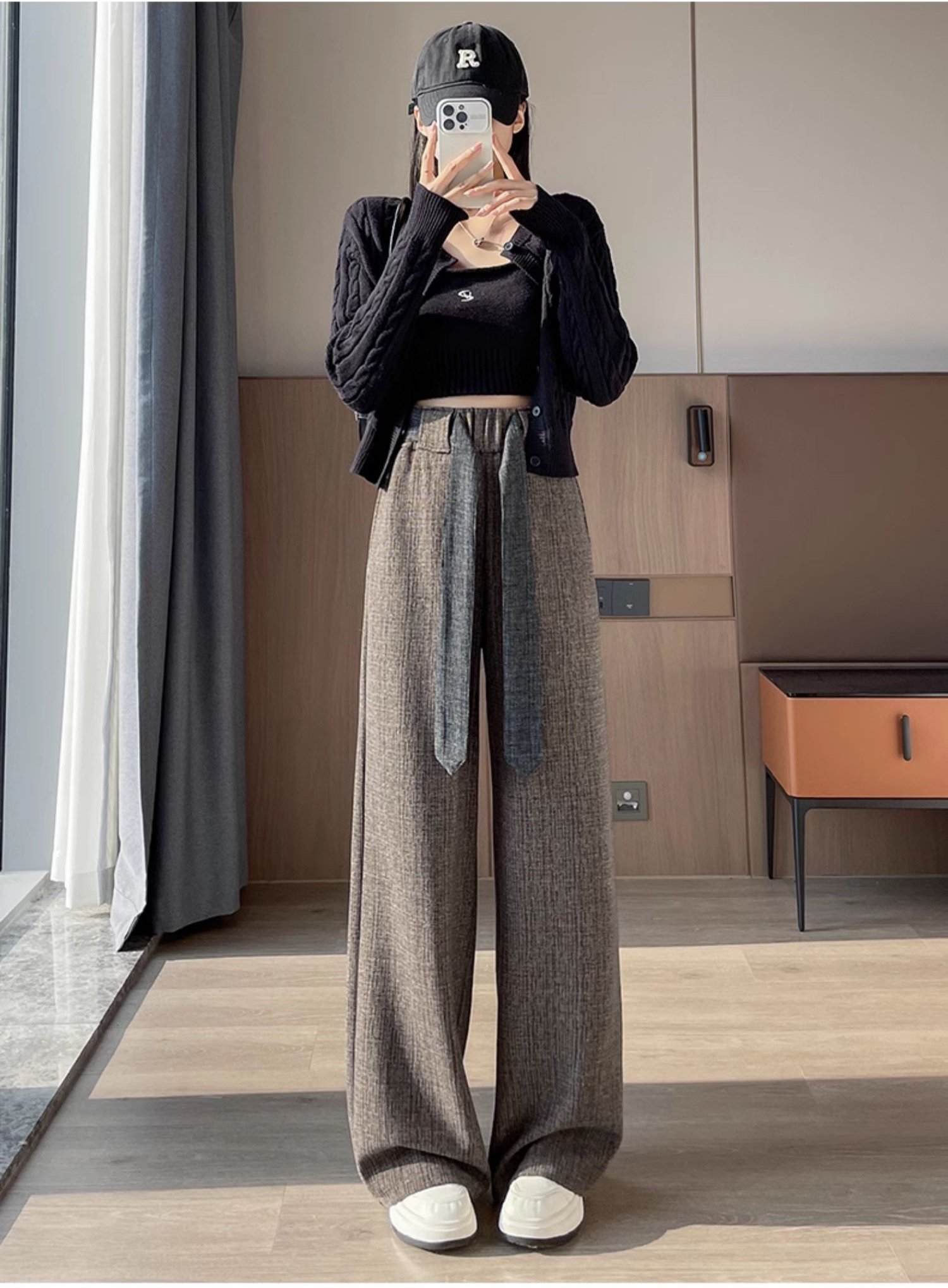 レディース パンツ ロング ワイド ウエストリボン ハイウエスト シンプル カジュアル おしゃれ かっこいい ラフ 無地 ロングシーズン 通勤 通学 デート お出かけ アウトドア 旅行 普段使い ブラウン ダークグレー