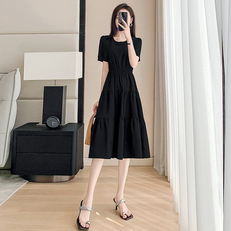 レディース ワンピース ミモレ 半袖 ラウンドネック Aライン ティアード シフォン ウエストゴム シンプル 無地 通勤 お出かけ お泊まり 旅行 ショッピング S M L XL 2XL 黒 ブラック｜タビマート 9,161円