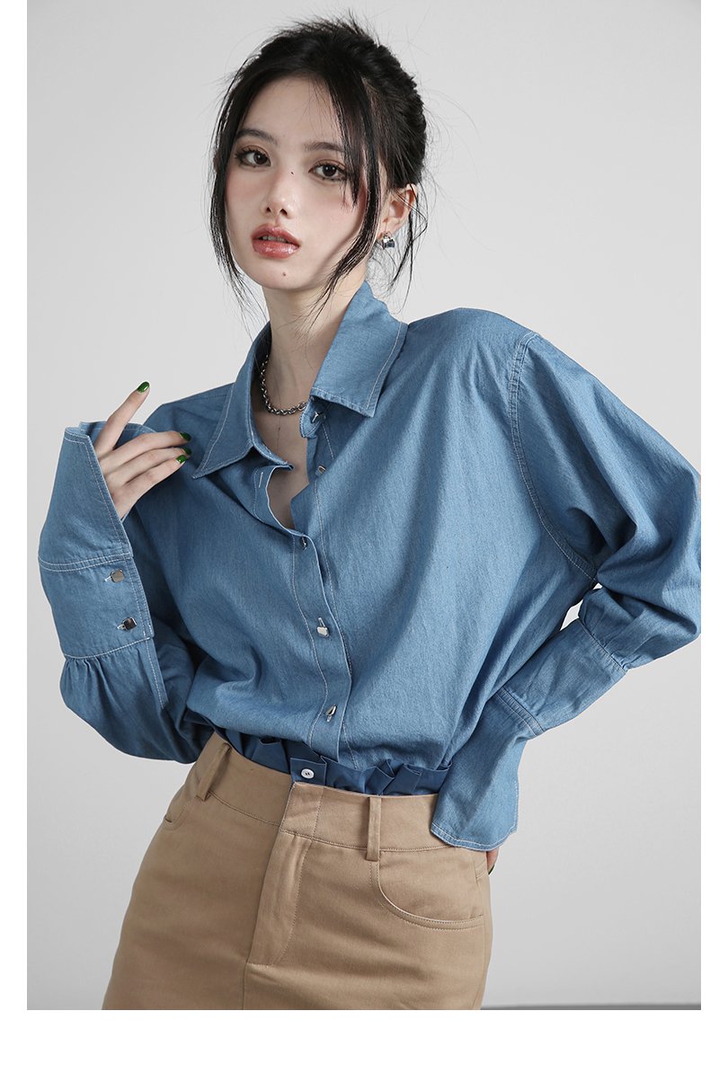 レディース トップス シャツ デニム 前開き 長袖 デニム かわいい 大人可愛い おしゃれ かっこいい こなれ感 無地 春 秋 冬 重ね着 韓国 コーデ 普段使い 着回し トレンド