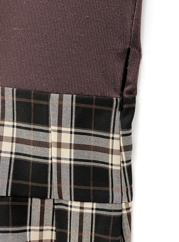 レディース ワンピース 膝下 ミモレ フレンチスリーブ ラウンドネック ハイネック フレア Aライン レース 切り替えデザイン ドッキング ハイウエスト 可愛い きれいめ シンプル カジュアル チェック柄 秋