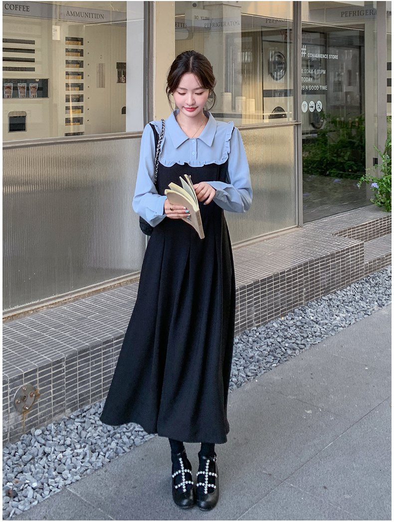 レディース ワンピース ロング 長袖 角襟 スリム 細身 Aライン フリル ギャザー 切り替えデザイン バイカラー かわいい きれいめ カジュアル 上品 おしゃれ ガーリー キュート 春 秋 通勤 デート お出かけ カフェ 重ね着 楽ちん 体型カバー|タビマート
