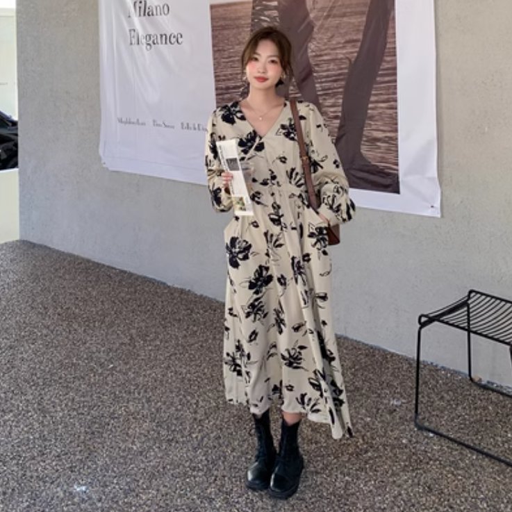 スカート ワンピース プルオーバー レディース フレアスカート ロングスカート ミモレ 長袖 Vネック 襟なし ノーカラー ワイド ウエストマーク ポケット ハイウエスト 薄手 かわいい 大人可愛い きれいめ シンプル カジュアル 上品 おしゃれ かっこいい レトロ アジアン｜タビマート