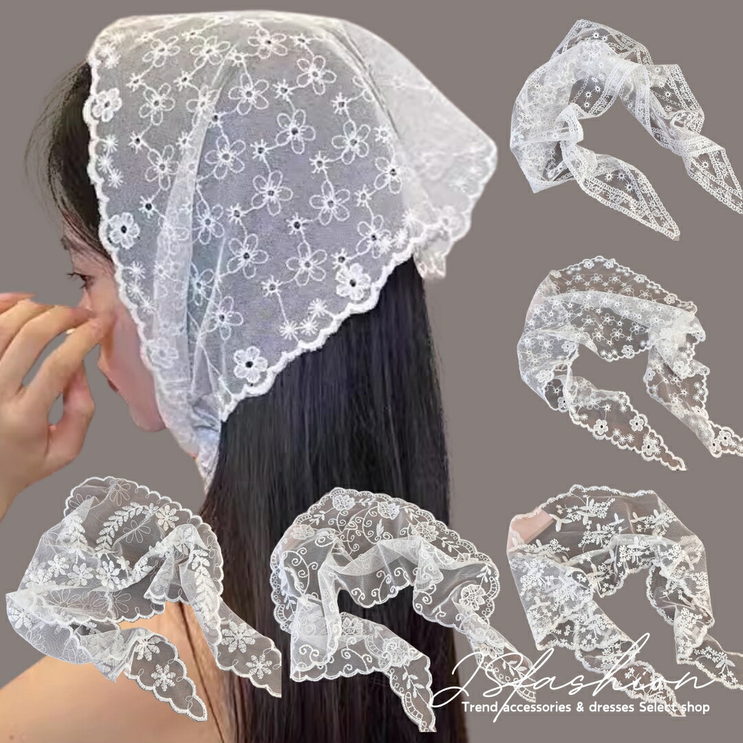 美品✨45R ku・Ra・siバンダナ刺繍ポンチョ　グレー　花柄 Floral lace scarf/花柄レース バンダナ / スカーフ（バンダナ