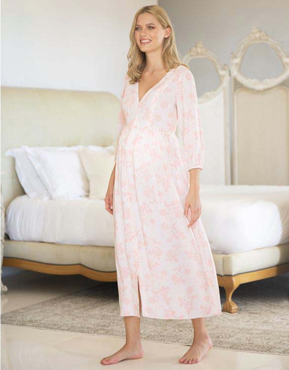 Seraphine マタニティ ママ用品 Claretta 授乳対応 レトロフローラルマタニティパジャマワンピース パジャマ ネグリジェ Claretta 授乳対応 レトロフローラルマタニティパジャマワンピース ブラッシュピンク