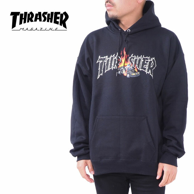 スラッシャーｘのど首人間の顔 パーカー フーディー 黒いこと 黒 メンズ M L XL LL 2L大いさ 裏起毛 US模範例 スケボー スケーター THRASHER NECK FACE COP CAR HOOD パーカー-メンズファッション