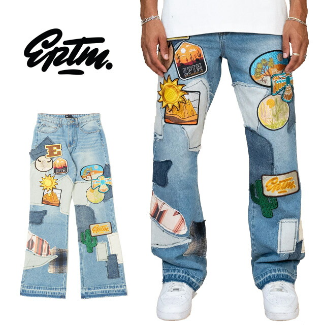 EPTM エピトミ パッチワーク デニム パンツ ベルボトム ラッパ ボトムス ワッペン ブルー ウォッシュド加工 ビンテージ ライトブルー Gパン M L XL LL 2LサイズPATCHWORK JEANS