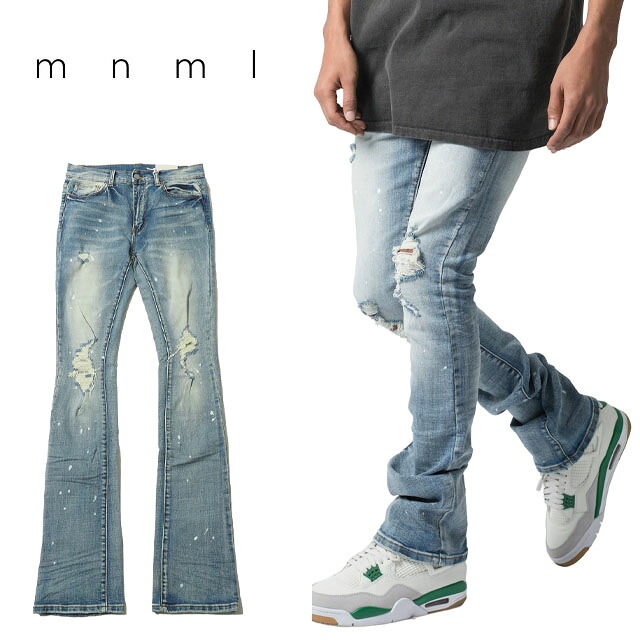 mnml X598 SKINNY STACKED DENIM メンズ スキニーデニム スタックデニム ストレッチ ジーンズ ダメージデニム ペイント加工 フレアデニム ロングレングス ヴィンテージウォッシュ ミニマル｜SOLT AND PEPPER