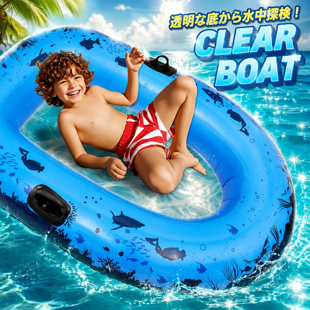 【新発売限定記念価格！】クリアボート ブルー 透明 底 クリア シースルーボート プール 海 川遊び アウトドア 子供 ボート ラフティング アクア 海中探索 ビュー 浮き輪 水遊び｜ソルベイン