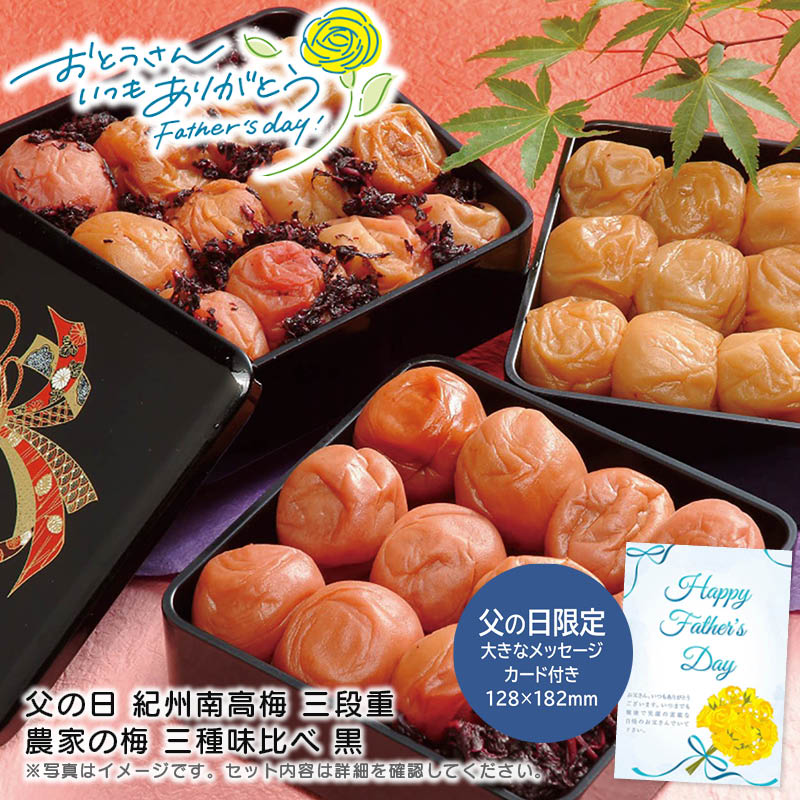 【土日限定クーポン配布中】【本日P2倍】父の日 ギフト 早割 プレゼント<br>父の日 紀州南高梅 三段重 農家の梅 三種味比べ 黒<br>梅干し ギフト 健康 おしゃれ お弁当<br>※こちらの商品はメーカー直送品です。