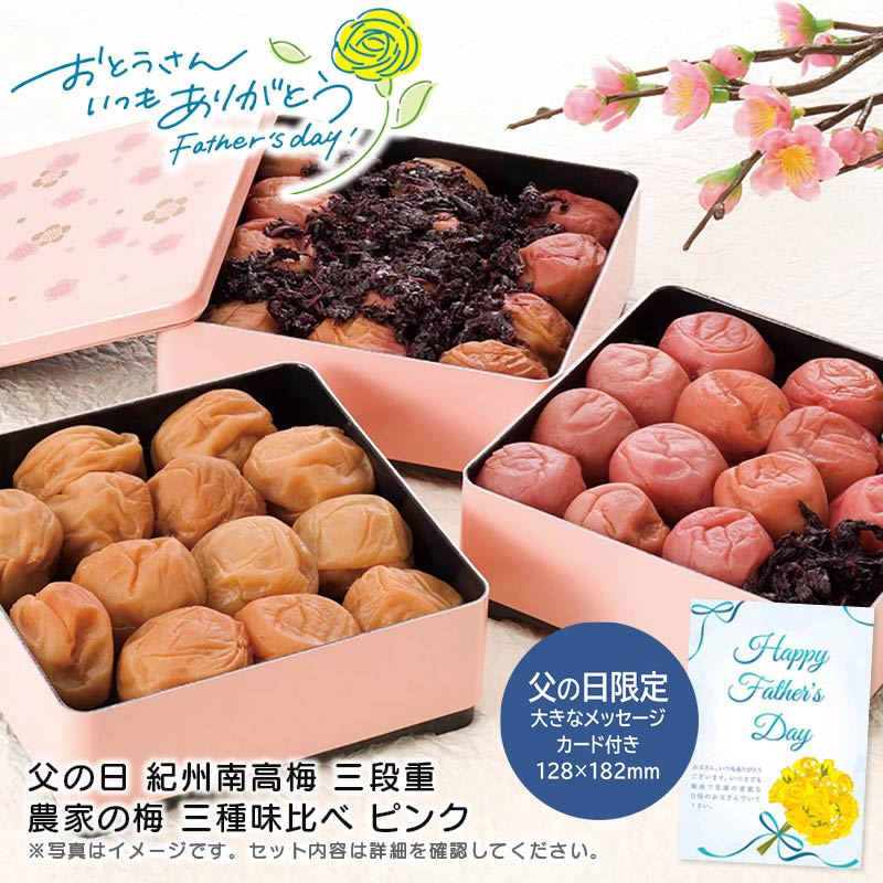 【土日限定クーポン配布中】【本日P2倍】父の日 ギフト 早割 プレゼント<br>父の日 紀州南高梅 三段重 農家の梅 三種味比べ ピンク<br>贈り物 手土産 高級感 おつまみ お弁当<br>※こちらの商品はメーカー直送品です。