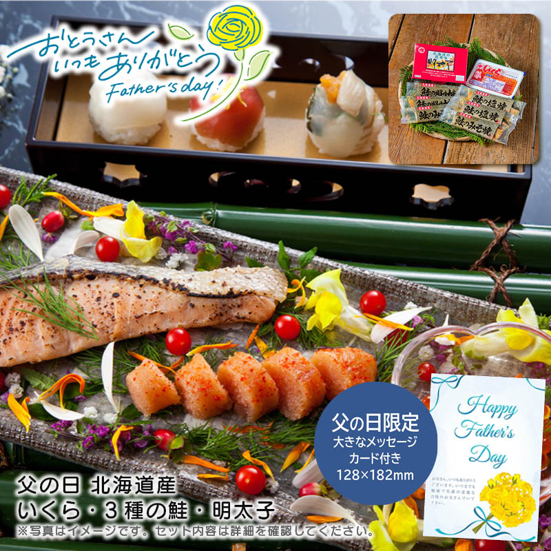 【土日限定クーポン配布中】【本日P2倍】父の日 ギフト 早割 プレゼント<br>父の日 北海道産 いくら・3種の鮭・明太子<br>贈り物 おつまみ 家族 夕食 パーティー<br>※こちらの商品はメーカー直送品です。