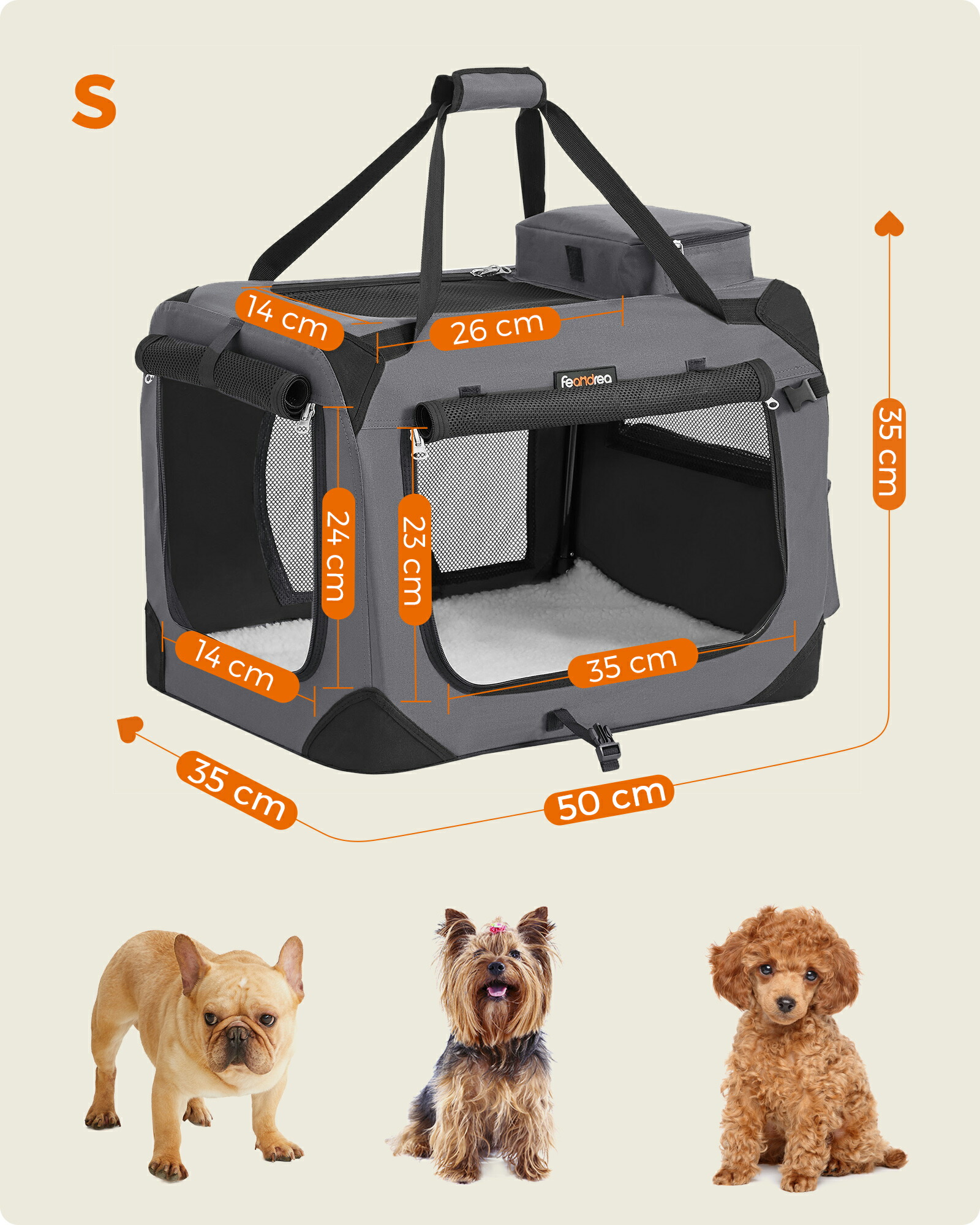 通気性を高めた5面メッシュ仕様、ロールアップカバー付き小型犬用ソフトクレート。グレーカラー