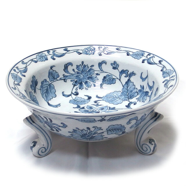 草花柄　染付け　三脚口広魚缶コバルト　ビオトープ　コンポート【未使用品】【送料無料！】【代引き手数料無料！】【中古】【20260305】