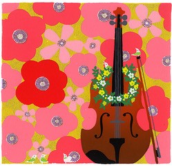 【無料ラッピングサービス有り】 吉岡浩太郎 額縁付きシルクスクリーン（版画） 348×348mm 花とバイオリン