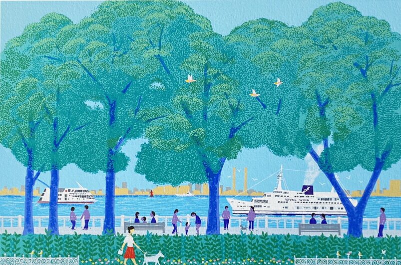 【無料ラッピングサービス有り】 吉岡浩太郎 額縁付きシルクスクリーン（版画） 557×442mm 緑の波止場
