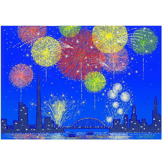 【無料ラッピングサービス有り】 吉岡浩太郎 額縁付きシルクスクリーン(版画) 472×396mm 花火大会