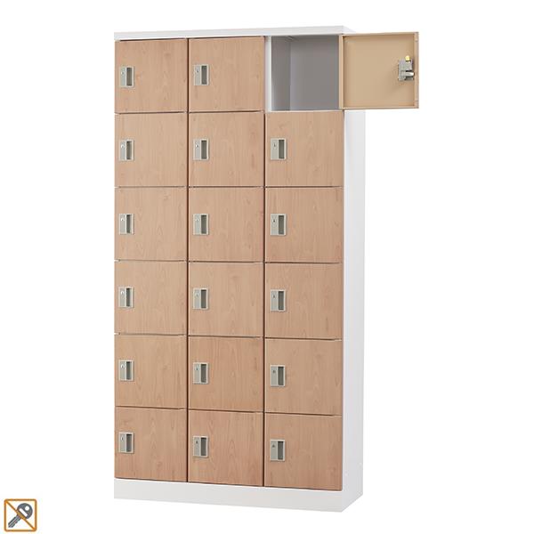 【受注生産品】 木目柄 18人用 スタンダードロッカー 浅型 鍵なし 窓なし 18人用タイプ 錠なし 3列6段 GLK-K18T-NT ロッカー おしゃれ スチールロッカー オフィスロッカー 収納 更衣ロッカー 木目ロッカー 木目 オフィス家具 【日本製】【送料無料】