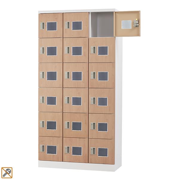 【受注生産品】 木目柄 18人用 スタンダードロッカー 浅型 鍵なし 窓付き 18人用タイプ 錠なし 3列6段 GLK-K18TW-NT ロッカー おしゃれ スチールロッカー オフィスロッカー 収納 更衣ロッカー 木目ロッカー 木目 オフィス家具 【日本製】【送料無料】