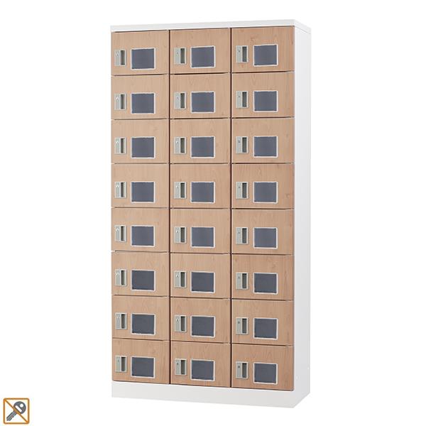 【受注生産品】 木目柄 24人用 スタンダードロッカー 浅型 鍵なし 窓付き 24人用タイプ 錠なし 3列8段 GLK-K24TW-NT ロッカー おしゃれ スチールロッカー オフィスロッカー 収納 更衣ロッカー 木目ロッカー 木目 オフィス家具 【日本製】【送料無料】｜DELTA オフィス家具
