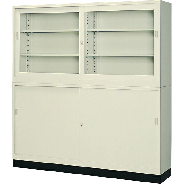 【日本製】【送料無料】セット書庫 W1760×D400×H1850(mm)　棚板２枚付き　キャビネット　オフィス収納　書類収納　ファイル収納　車上渡し　G-63SG-63SS-63B　オフィス家具 事務 会社 学校 法人 鍵付き 引戸 調節 ３段 ガラス スチール 日本製 上下セット インテリア