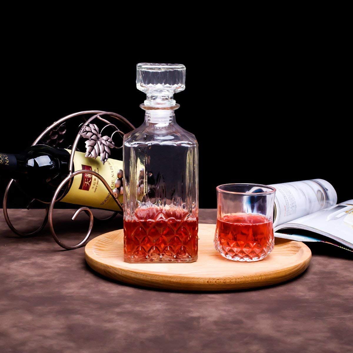 ヴィンテージ風 ワイン ウィスキー グラス デキャンタ 1000ml お酒 晩酌 容器 カクテル シャンパン 果実酒 おしゃれ 誕生日 家庭用 業務用 便利グッズ 家飲み プレゼント お祝い ギフト 贈り物（クァドランギュラー/サークル/スクエア&サークル/スクエア/トラぺゾイド）画像