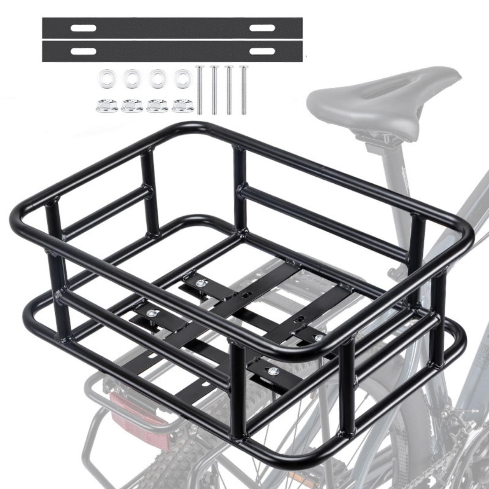 自転車リアバスケット うしろ用バスケット 自転車用バスケット 後ろ固定式 大容量 厚くて丈夫な素材 簡単取り付け 通勤 お買物に便利 自転車後ろカゴ 軽量 アクセサリー バイクリアバスケット 荷物ラック 自転車カーゴラック 金属製 荷物パッケージラック バイクフレームバ