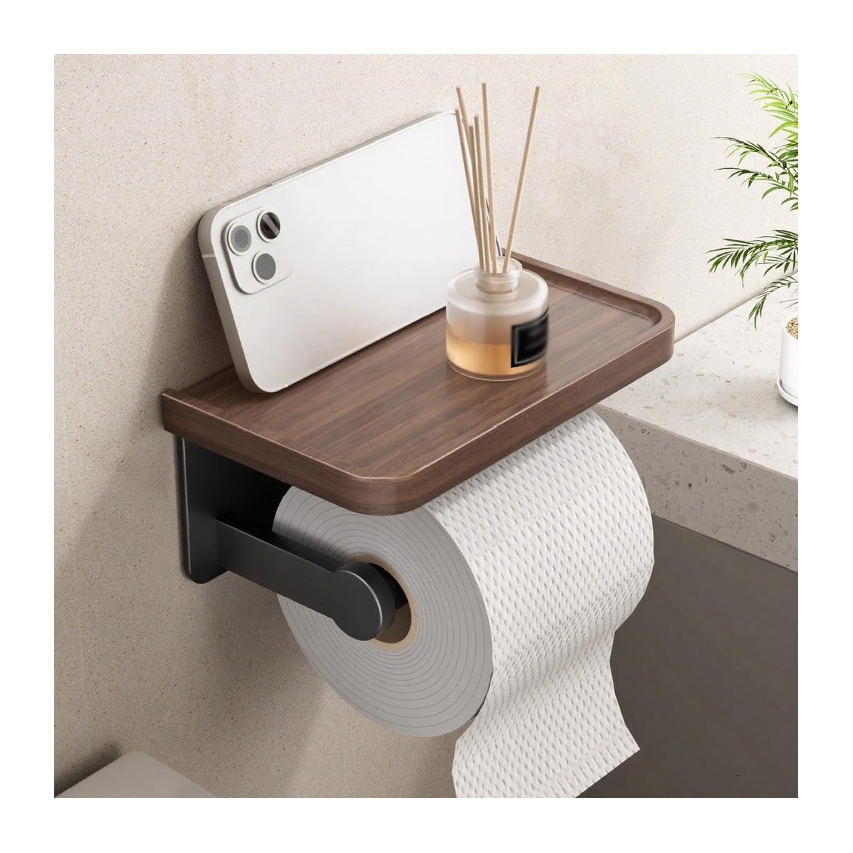 トイレットペーパーホルダー おしゃれ ペーパーホルダー 棚付き 天然木 ウォールナット 紙巻器 防湿 穴あけ不要 壁掛け 取り付け簡単 耐荷重15kg 小物置き 汚れに強い天板 凹み込み溝構造 長持ちが良い