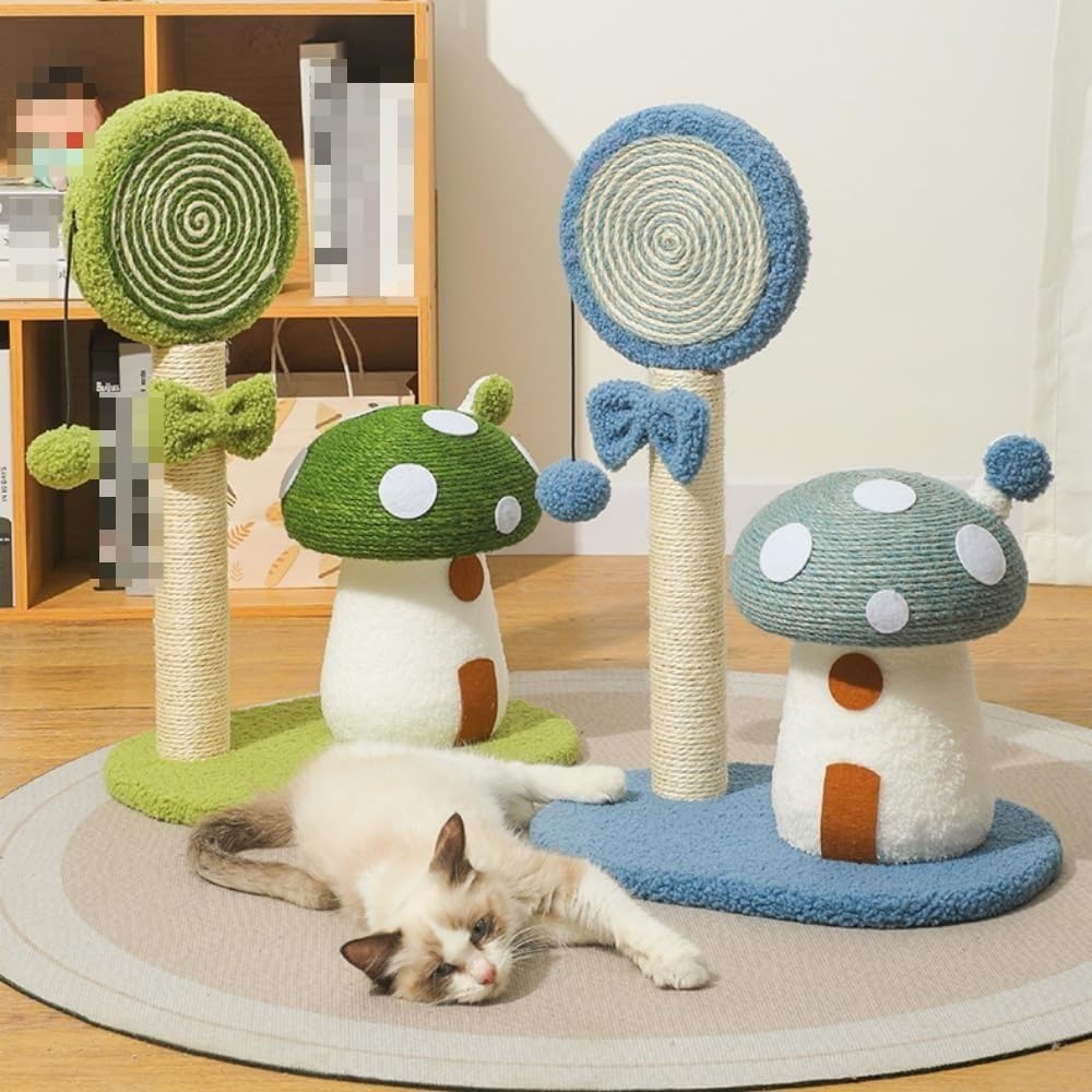 キャットタワーミニ猫タワーキノコ可愛い低め据え置き爪研ぎ爪とぎポール小型猫タワー猫遊び用天然麻紐組立簡単転倒防止省スペースオールシーズンおもちゃ付きペット用品 (ブルー)|sora-ran