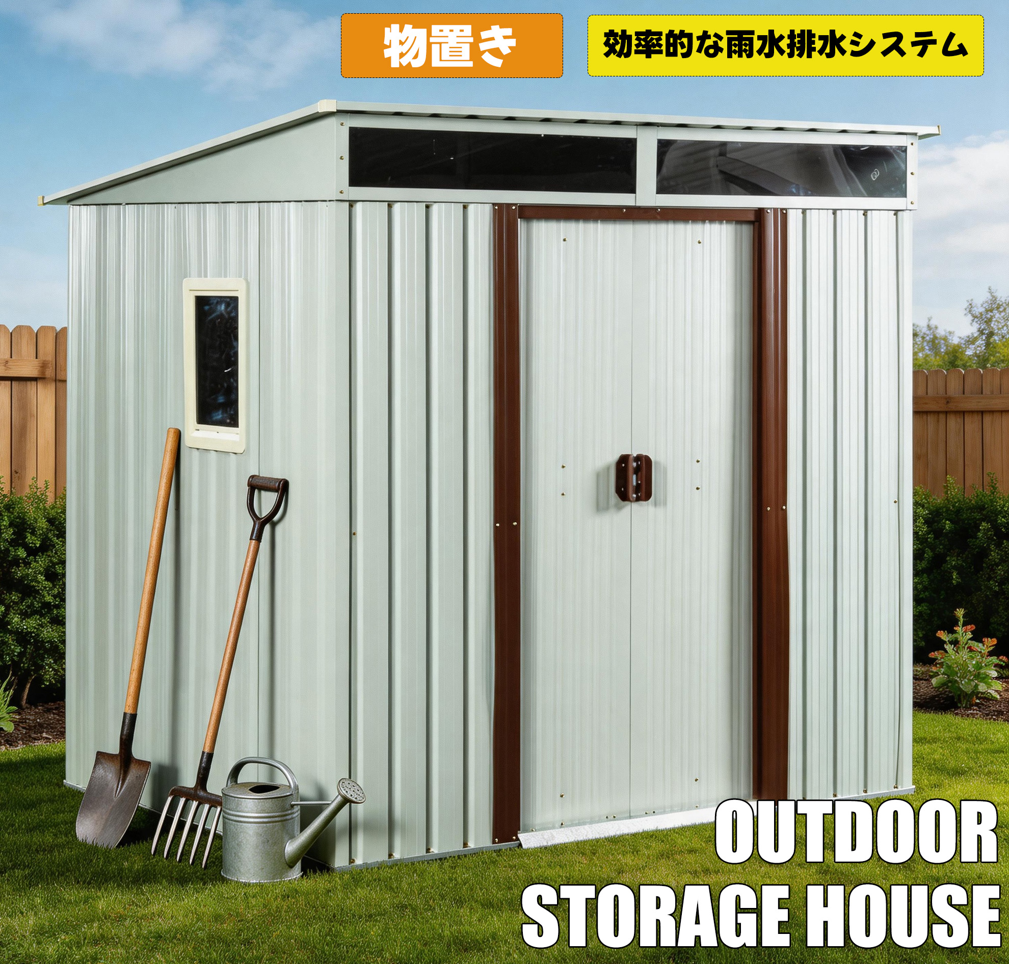 【即納】物置 屋外 戸外収納庫 スチール 幅195*奥行き150*高180 引き戸両開きタイプ 換気口付き 防さび ベランダ 防水 ガーデニング 庭 プレゼント ギフト 贈り物 送料無料｜sora-ran