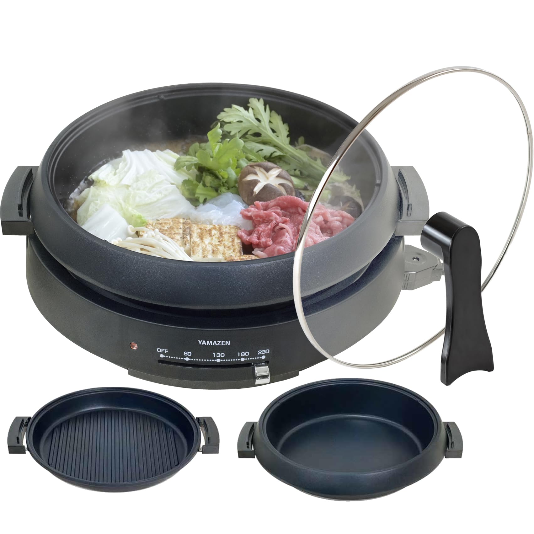 [山善] 明かり鍋 食べ物屋鍋 2WAY 一人暮らし 二人生活様式 (深鍋/波型一皿) 鍋差しわたし26糎 深さ6糎 2~3人用 1300W 直火相応う 保温~230℃ 着脱