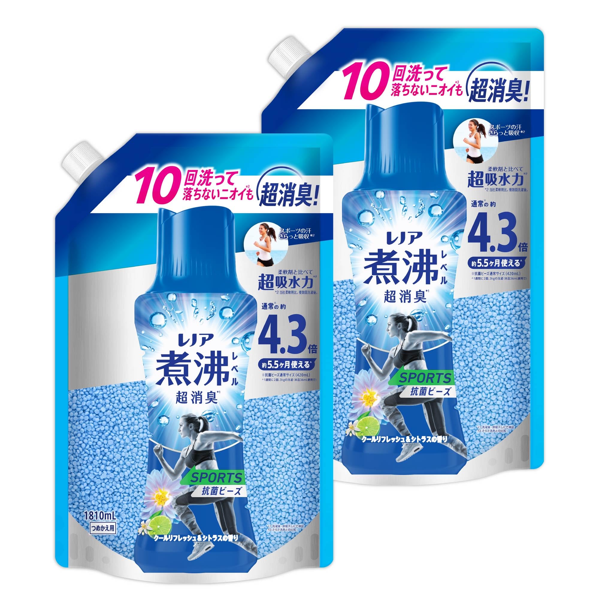 レノア 煮沸レベル超消臭 抗菌ビーズ SPORTS クールリフレッシュ&シトラス 詰め替え 1,810mL&times;2袋 [大容量]【まとめ買い】｜空筆店