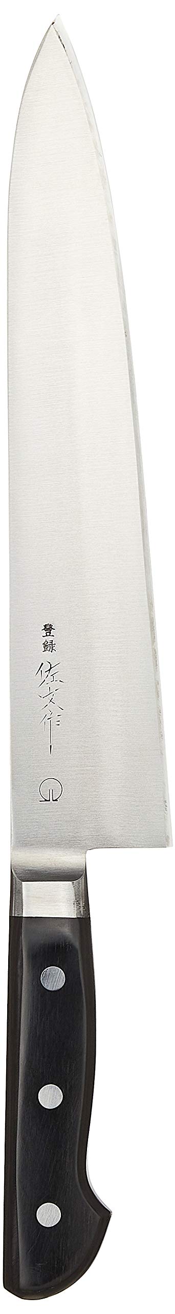 ごはん炊き 牛刀 全鋼 大いさ()24 全長(粍)365 質量(g)220 背厚(粍)2.3 本格派の応用科学を心にこめた、事こまかな小ざかしい刃先が専売特許の佐文つづき物 日本