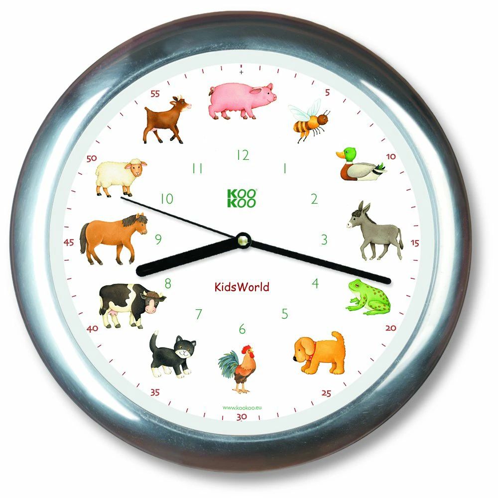 【クーポンで10％OFF】【送料無料】KOOKOOキッズワールド クローム色 動物の声が聞ける 壁掛け時計 12種類の農場での動物が時を告げる