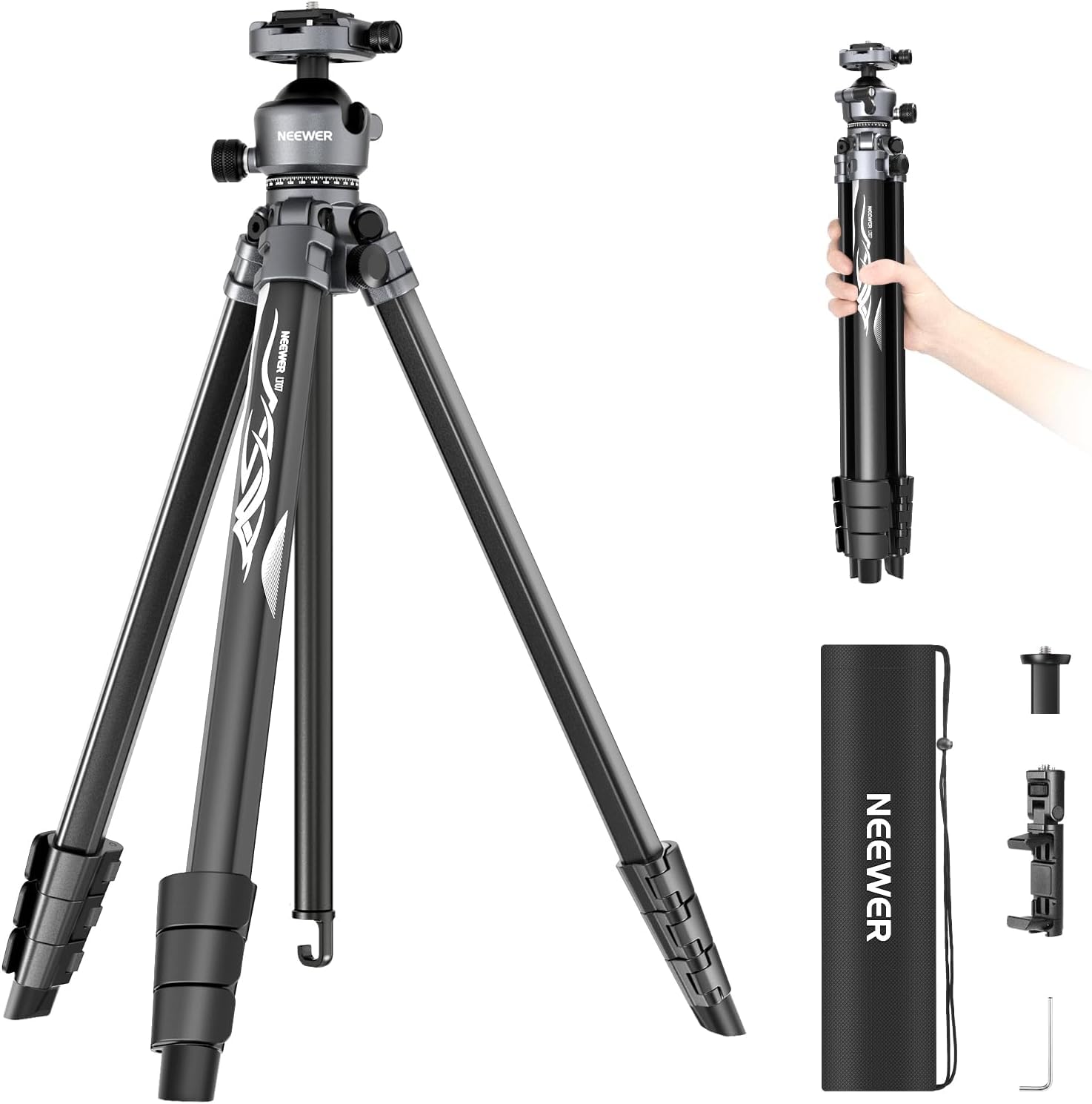 【送料無料】【10％OFFクーポン配布中】NEEWER LITETRIP LT07 トラベル三脚 156cm アルミ製 軽量 パン/チルトロープロファイルボールヘ