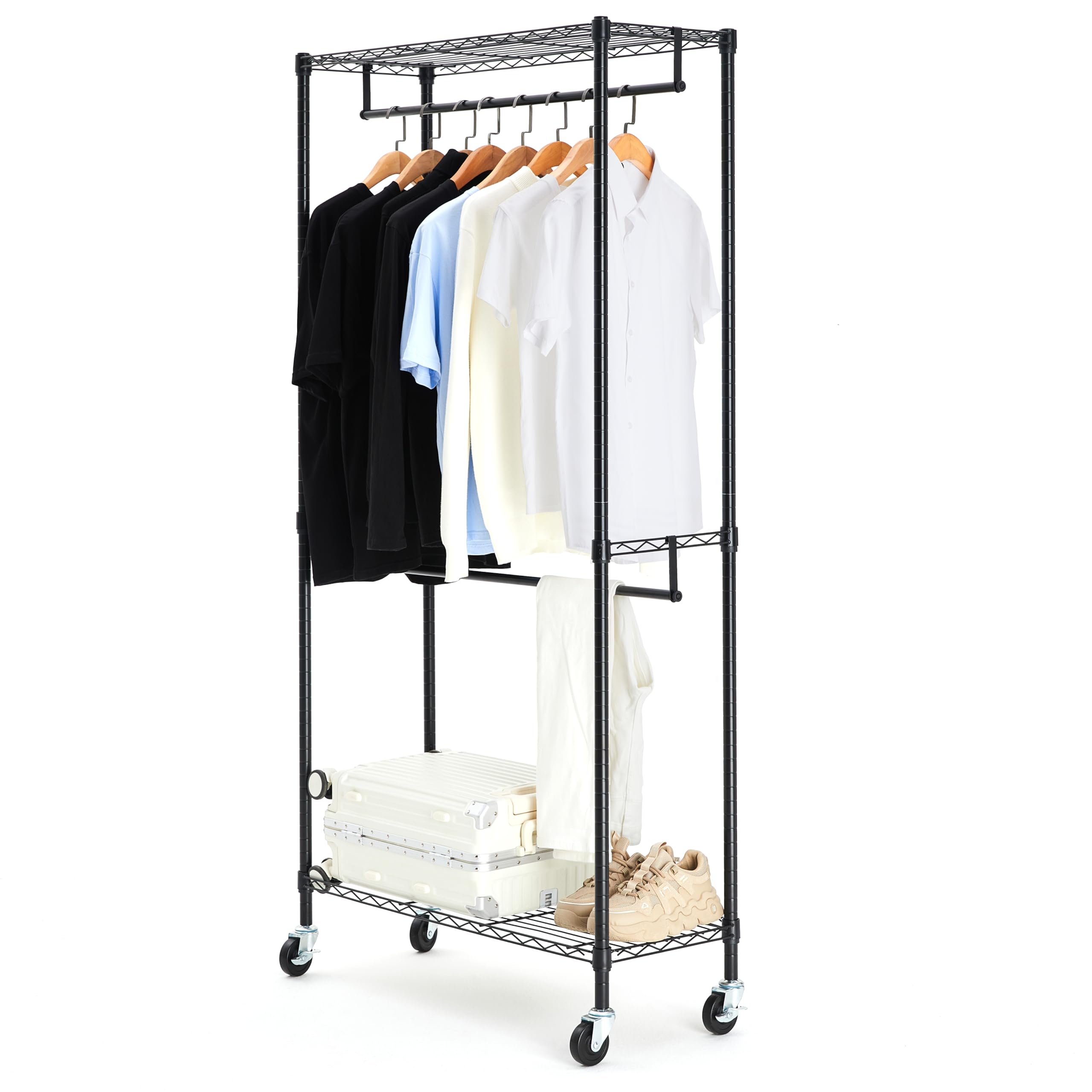 ベーシック ハンガーラック 段 洋服ラック 耐荷重181 頑丈 キャスター付き 棚付き 耐荷重181, 幅91.4 奥行35.6 高さ182.9 , ブラック