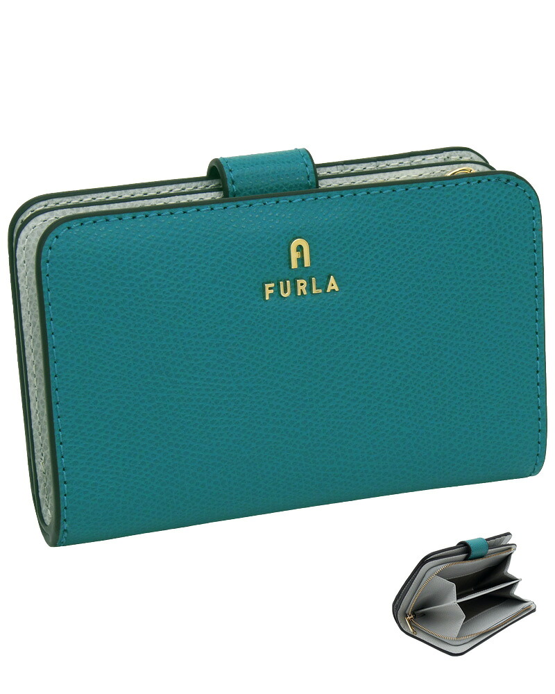 【2026年春夏 新作】 フルラ Furla Camelia コンパクト財布 M AMATORE BLUE+COLOR CRISTALLO d int. グリーン+グレー WP00314_ARE000_1007_4505S カメリア 二つ折り コンパクトウォレット レディース 【新品 新作 未使用 正規品】