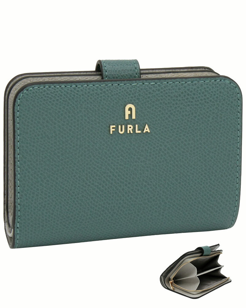 【2026年秋冬 新作】 フルラ Furla Camelia コンパクト財布 S EDERA GREEN+STONE GRAY int. グリーン+グレー WP00315_ARE000_1007_4951S カメリア 二つ折り コンパクトウォレット レディース 【新品 新作 未使用 正規品】|sorfege