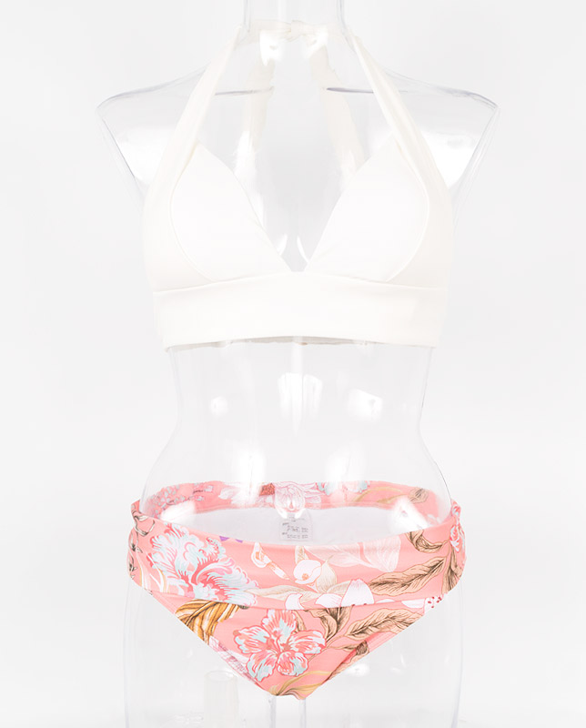 LAULEA フラワーボタニカル柄 ホルターネック水泳着 白いこと×サクラ色マルチ
