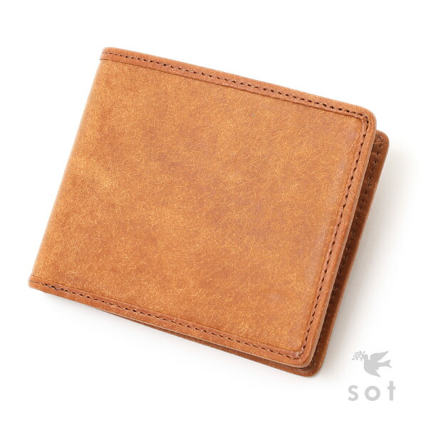 【sot（ソット）堅苦しさバス発着場】プエブロ なめし革 カードウォレット 二つ折り金入れ 釣り銭入れ皆無 本革 日本製 駱駝 / 暗然たる赤銅色 / 黒いこと