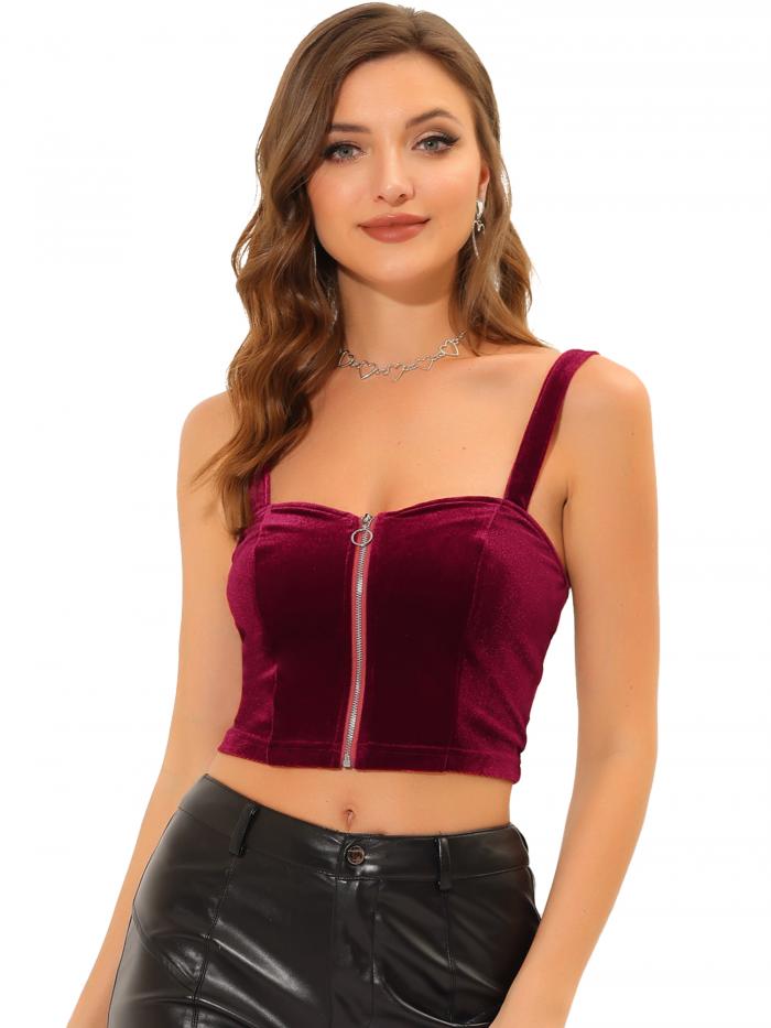 人気カラーの ソウテン Allegra K キャミクロップトップス ノースリーブ ベルベットキャミソール タンクトップ ジッパーフロント スリムフィット レディース ワイン S