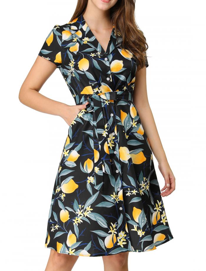 楽天市場 ソウテン 柄 ワンピース 半袖 レモン柄 ボタンダウン ウェストリボン カジュアル レディース ソウテン