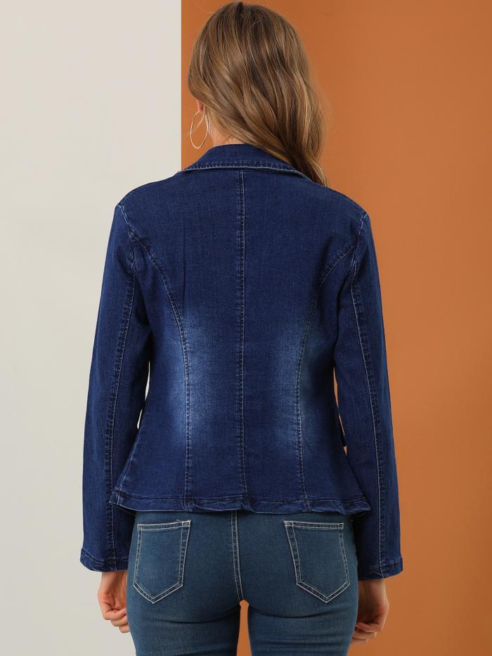 ソウテン Allegra K ウォッシュド デニム スポーツジャンパー ジャケット 切れ目利運ラペル 牡丹高まり 長袖 レディース ブルーチーズ L Silk Music Com